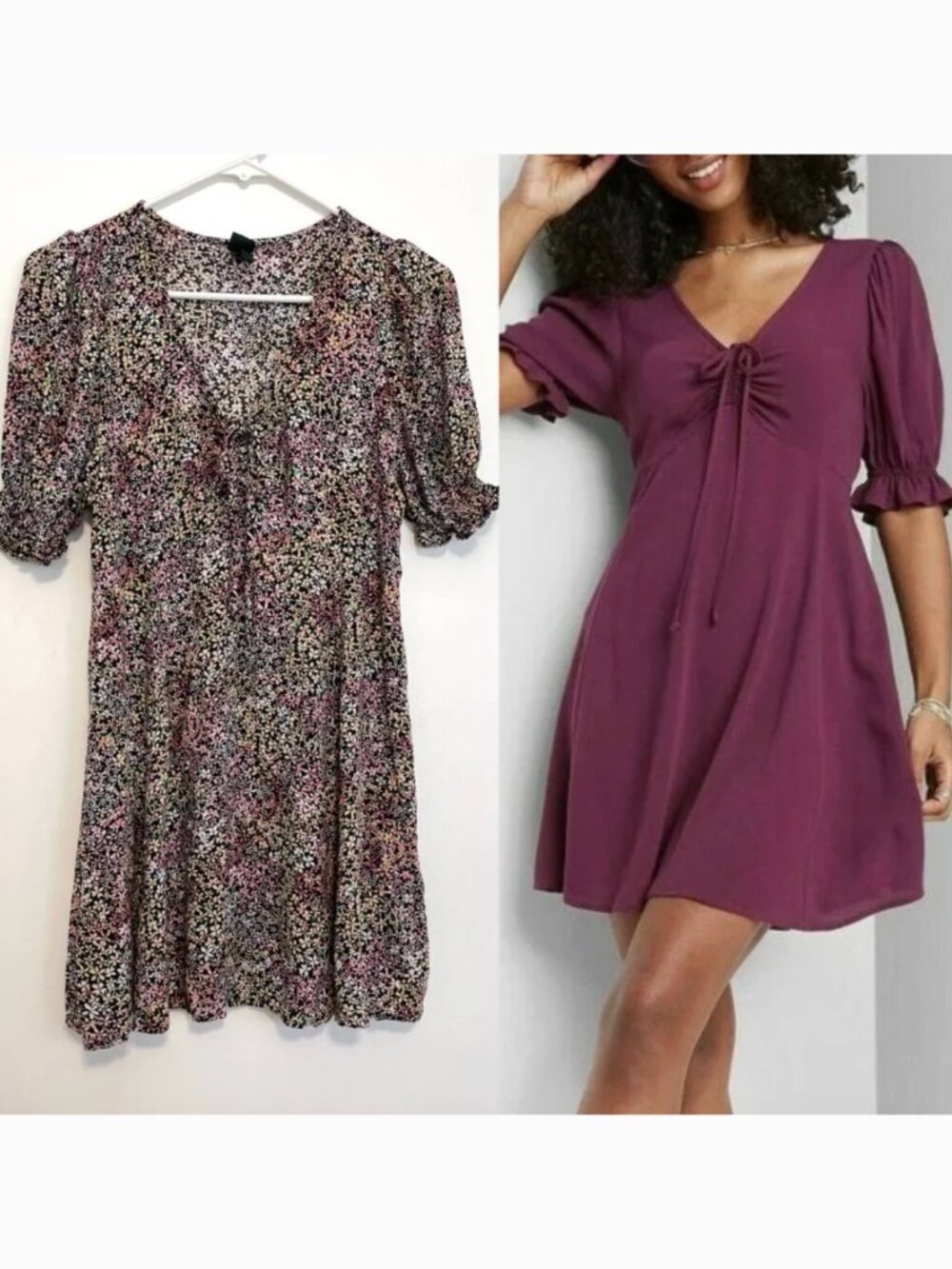 WILD FABLE Puff Short Sleeve Tie Front Dress Black Pink Multi Floral Mini Boho M